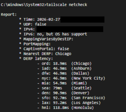 tailscale netcheck output showing only US DERP relays