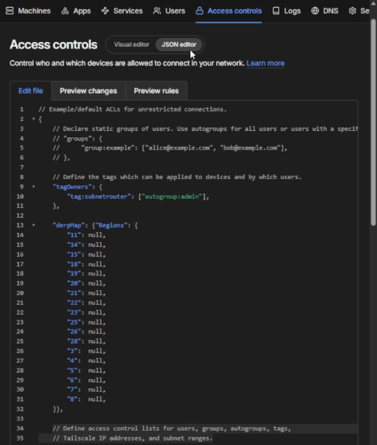 Tailscale Access Controls JSON editor showing where to paste the derpMap configuration